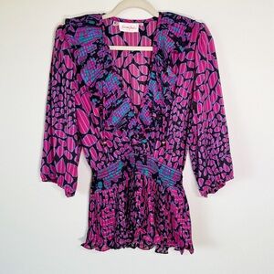Susan Freis Vintage 80's Ruffle Pleated USA Pink Black Print Blouse Top Small‎